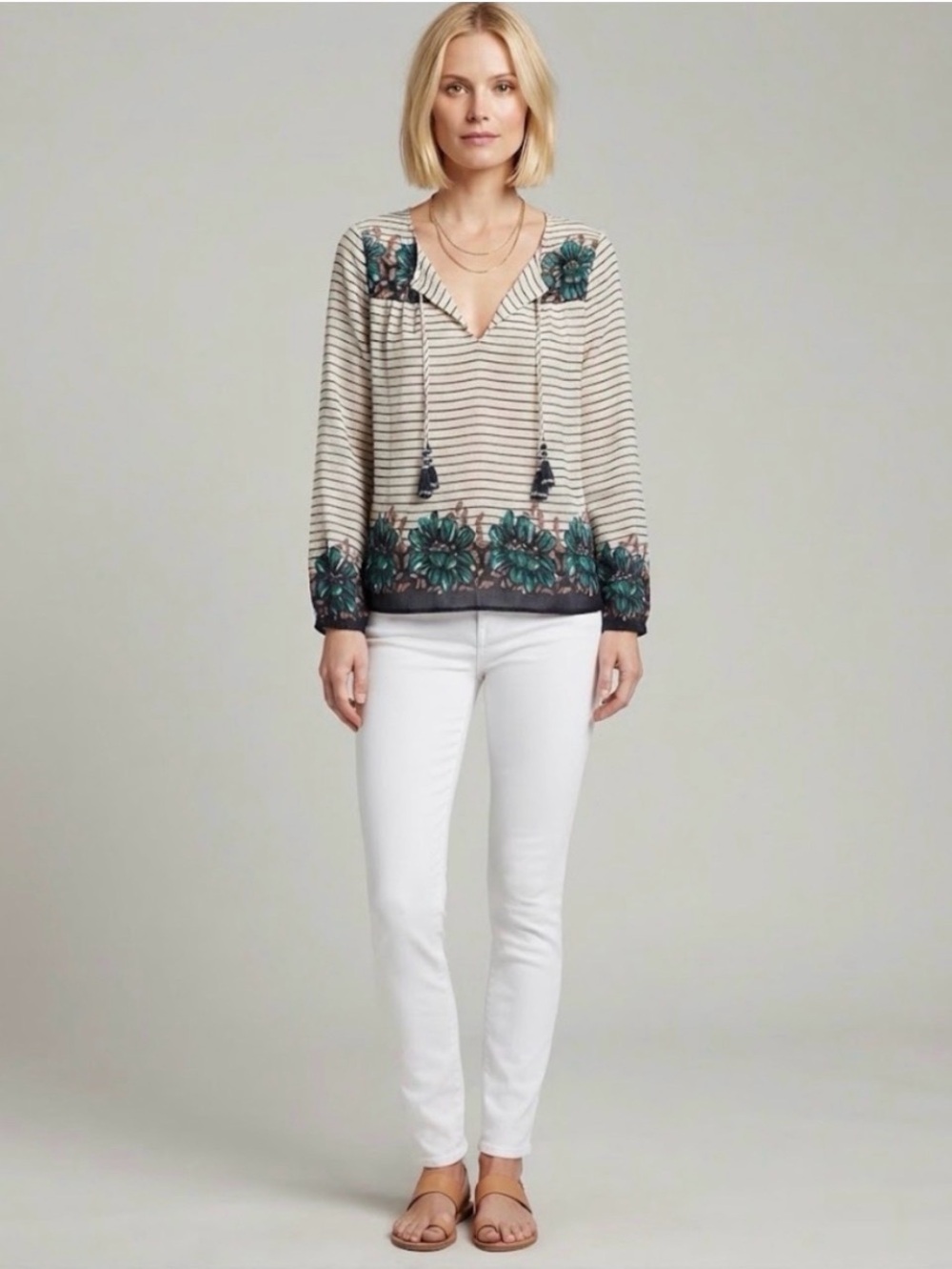 Calypso St. Barth Annette Boho Blouse with Teal Floral Trim